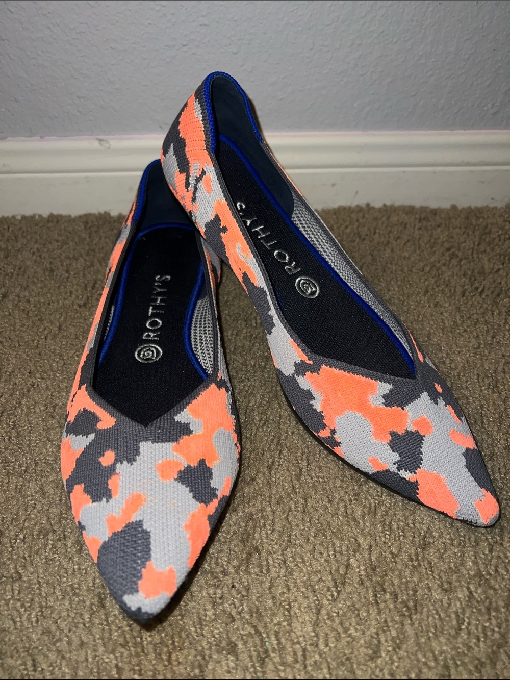 Rothy's Pointed Knit Flats - Customized neon Orange and Gray Camouflage - 10.5